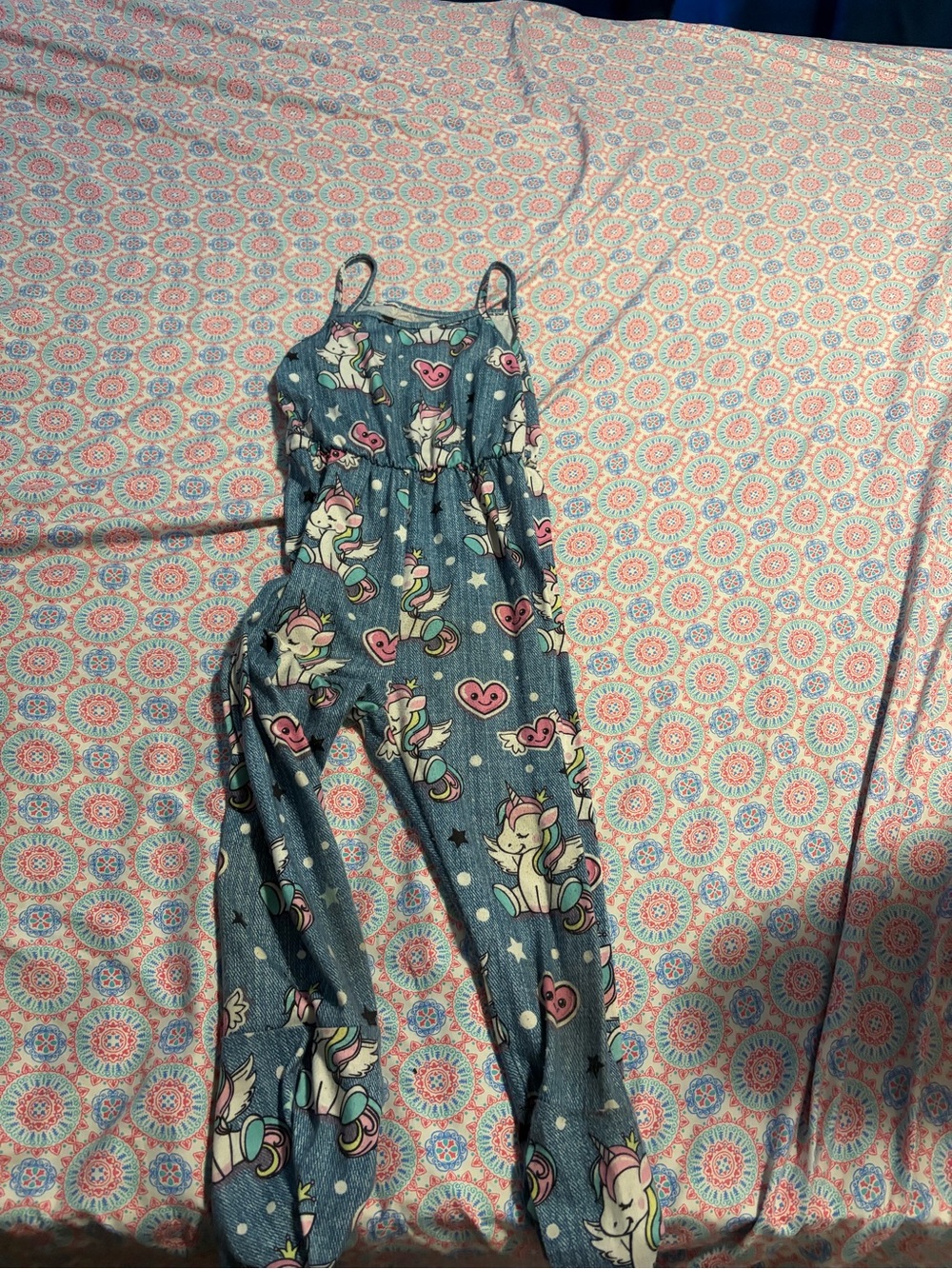 SHEIN Blue Unicorn Print Girls' Jumpsuit